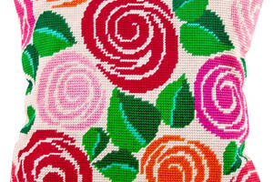 Набір для вишивання подушки хрестом Декоративні троянди Страмін із пряжею Zweigart напівхрест муліне 40х40 см