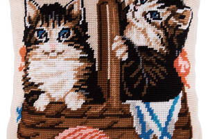 Набір для вишивання подушки хрестом Кошик кошенят Страмін із пряжею Zweigart напівхрест муліне 40х40 см