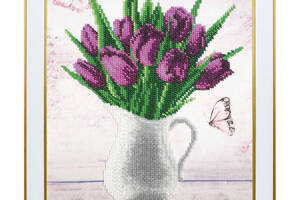 Набір для вишивки бісером 'Ніжні тюльпани' весняні квіти, букет, первоцвіти, часткова викладка, 21х27 см
