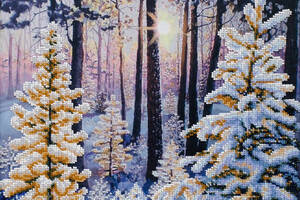 Набір для вишивки бісером 'Зимовий пейзаж' зима, сніг, Роща, сонце, ліс, часткова викладка, 33х30 см