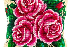 Набір для вишивки подушки хрестом Рожеві троянди Страмін із пряжею Zweigart напівхрест нитками муліне 40х40 см