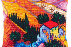 Набір для вишивки подушки хрестиком Пейзаж з будинком та робітником Вінсент Ван Гог Страмін з пряжею Zweigart 40х40 см