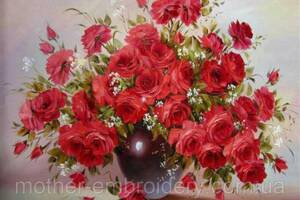 Набір вишивка Алмазна мозаїка Букет червоних троянд у вазі на підрамнику повна 5d 30х40