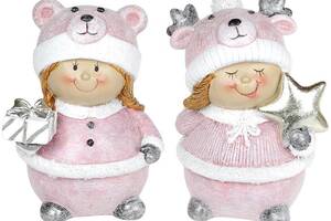 Набор 2 статуэтки 'Девчонка в шапке-мишутке' 9.5х7х13см, розовый