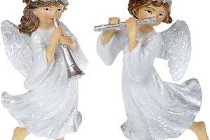 Набор 6 подвесных фигурок 'Ангел с флейтой' 10.5см, полистоун, белый с серебром