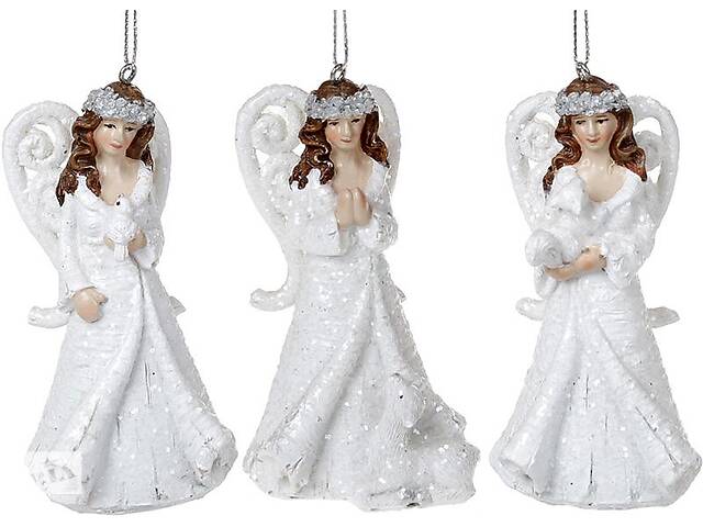 Набор 6 подвесных статуэток 'Ангел' 10см, полистоун, белый, 3 дизайна