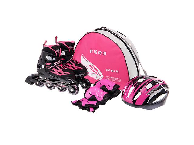 Набор роликовые коньки Banwei SK-180 BW-188 размер 35-38 + комплект защиты Черный-розовый
