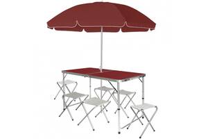 Набір туристичний розкладний стіл з 6 стільцями та парасолькою 1.8м Easy Campi у валізі Коричневий