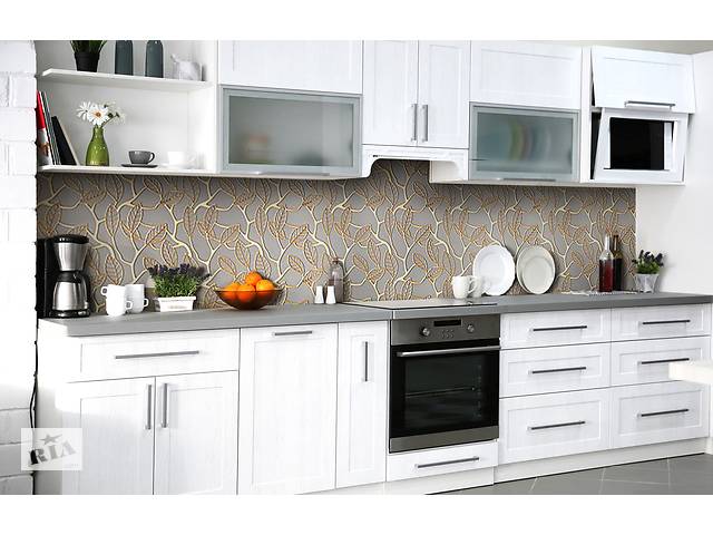 Наклейка на скинали Zatarga на кухню «Золотые листья» 600х2500 мм виниловая 3Д наклейка кухонный фартук самоклеящаяся