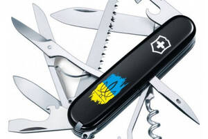 Нож Victorinox Huntsman Ukraine 91мм Трезуб фигурный на фоне флага (1049-Vx13713.3_T1026u)