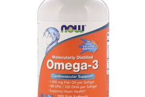 Омега-3 1000мг, 180 EPA/120 DHA, Molecularly Distilled Omega-3, Now Foods, 200 капсул из рыбьего желатина