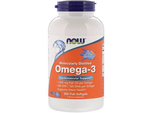 Омега-3 1000мг, 180 EPA/120 DHA, Molecularly Distilled Omega-3, Now Foods, 200 капсул из рыбьего желатина