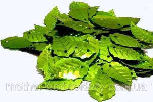 Паєтки листя берези листок березовий салатовий з Блестками (Гліттер) 1,5 х 1 см Пришивні паєтки для нитки