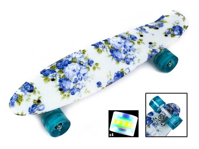 Подростковый пенниборд с ярким принтом и подсветкой всех колес (Pennyboard) 'Blue Rose'