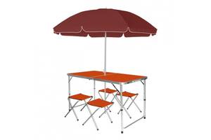 Раскладной стол 120см для пикника с 4 стульями и зонтом 1.8 м Easy Campi в чемодане Оранжевый