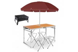 Раскладной туристический стол усиленный и 4 стула Easy Campi в чемодане Светлое дерево + Зонт + Манагал складной