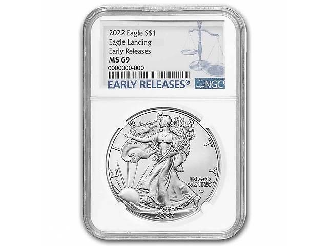 Серебряная монета 1oz Американский Орел 1 доллар 2022 США (NGC MS 69, Early Releases)