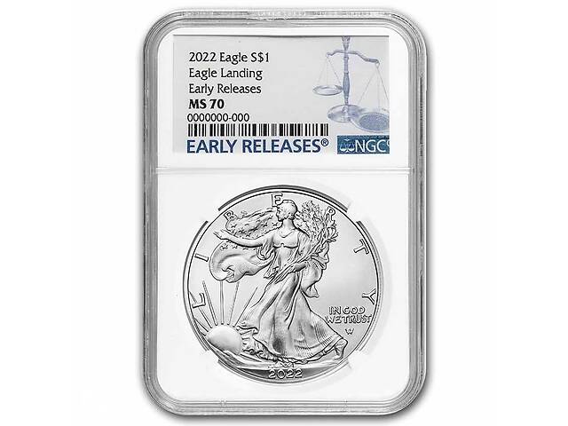 Серебряная монета 1oz Американский Орел 1 доллар 2022 США (NGC MS 70, Early Releases)