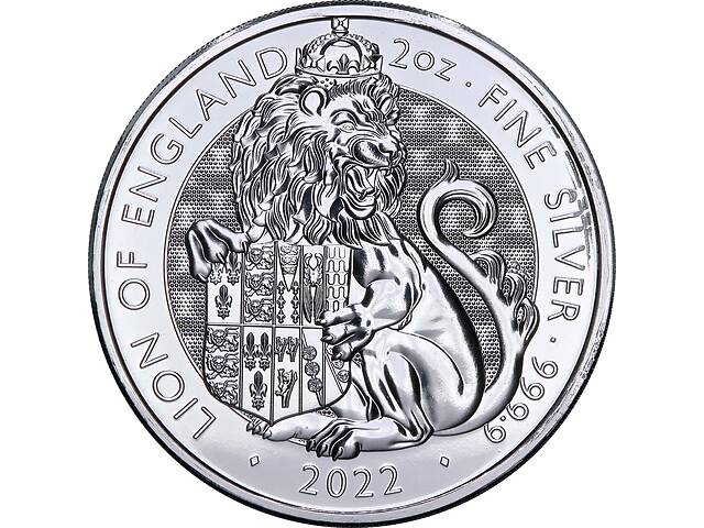 Серебряная монета 2oz Лев Англии 'Королевские Звери Тюдоров' 5 фунтов 2022 Великобритания