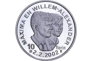 Серебряная монета Брачный союз Принца Виллем-Александра и Максимы Соррегьеты 10 Флоринов 2002 Аруба