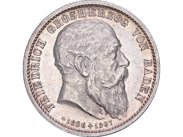 Серебряная монета 'Смерть Фридриха I' 2 марки 1907 Баден Германская Империя
