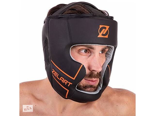 Шлем боксерский с полной защитой кожаный VL-3151 Zelart S Черно-оранжевый (37363115)