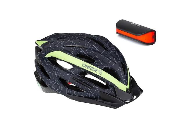 Шлем велосипедный Onride Grip M 55-58 Black/Green + мигалка Onride Slit