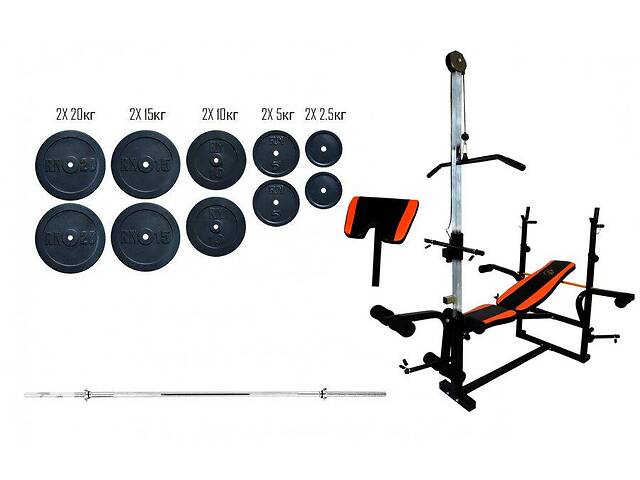 Скамья тренировочная с верхней тягой + Штанга 115 кг.