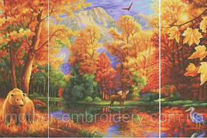 Схема для вишивки бісером Триптих - Осінній пейзаж, ліс, ведмідь, олень заготівля, 76 х 47,5 см