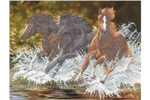 Схема для вышивки бисером Вольные кони Табун лошадей бегущие по воде заготовка 39 х 52,5 см