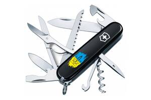 Складной нож Victorinox Huntsman Ukraine 91мм 15 функций Черный Трезубец фигурный на фоне флага (1.3713.3_T1026u)