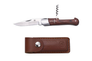Складной охотничий нож 20 см со штопором и кожаным чехлом Laguiole, дерево пакка, Коричневый (40268499)