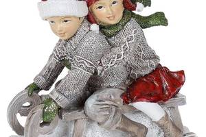Статуэтка декоративная 'Дети на санках' 13.5см, полистоун, винтажный серый с красным