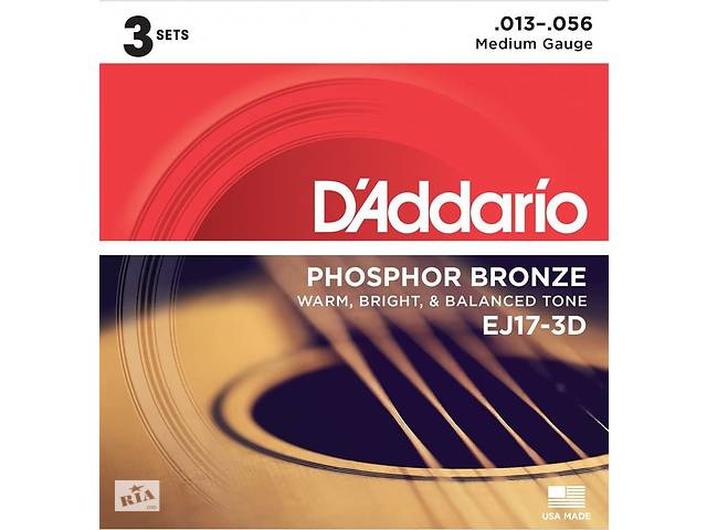 Струны для акустической гитары 6 шт D'Addario EJ17-3D Phosphor Bronze Medium Acoustic Guitar Strings 13/56