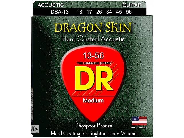 Струны для акустической гитары 6 шт DR DSA-13 Dragon Skin K3 Coated Acoustic Guitar Strings 13/56
