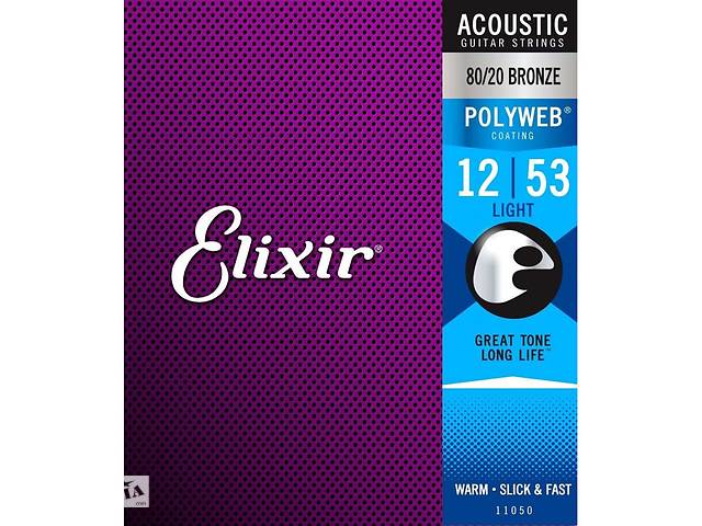 Струны для акустической гитары 6 шт Elixir 11050 Polyweb 80/20 Bronze Acoustic Light 12/53
