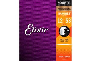Струны для акустической гитары 6 шт Elixir 16052 Nanoweb Phosphor Bronze Acoustic Light 12/53