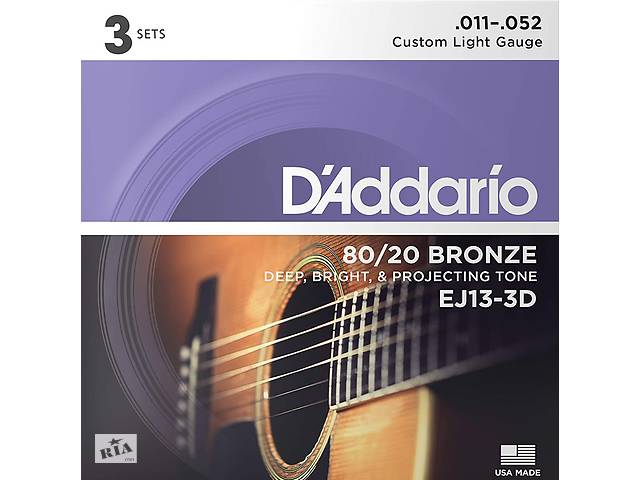 Струны для акустической гитары D'Addario EJ13-3D 80/20 Bronze Custom Light Acoustic Guitar Strings 11/52