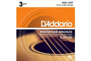 Струны для акустической гитары D'Addario EJ15-3D Phosphor Bronze Extra Light Acoustic Guitar Strings 10/47