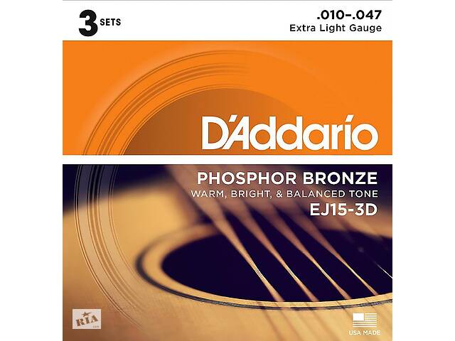 Струны для акустической гитары D'Addario EJ15-3D Phosphor Bronze Extra Light Acoustic Guitar Strings 10/47