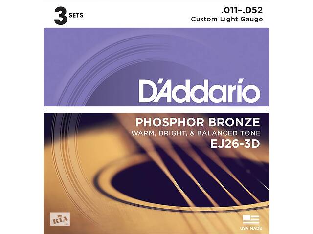 Струны для акустической гитары D'Addario EJ26-3D Phosphor Bronze Custom Light Acoustic Guitar Strings 11/52