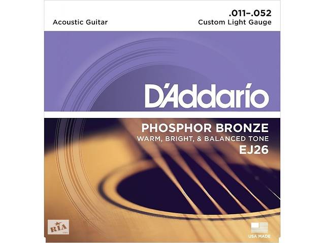 Струны для акустической гитары D'Addario EJ26 Phosphor Bronze Custom Light Acoustic Guitar Strings 11/52