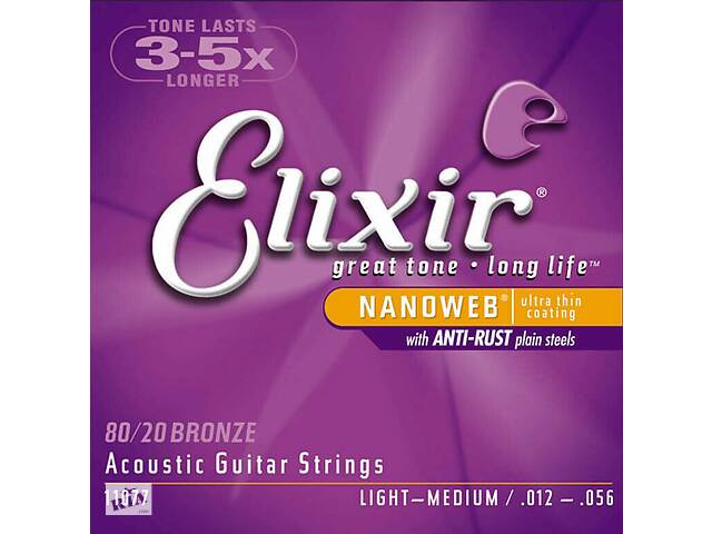 Струны для акустической гитары Elixir 11077 Nanoweb 80/20 Bronze Acoustic Light Medium 12/56