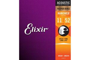 Струны для акустической гитары Elixir 16027 Nanoweb Phosphor Bronze Acoustic Custom Light 11/52