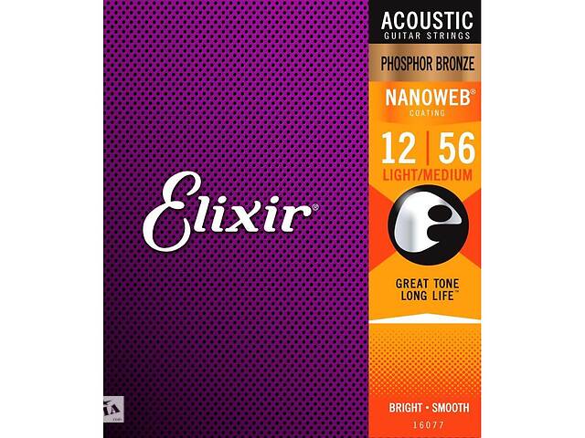 Струны для акустической гитары Elixir 16077 Nanoweb Phosphor Bronze Acoustic Light-Medium 12/56