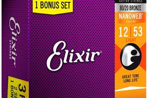 Струны для акустической гитары Elixir 3 Pack 16539 Nanoweb 80/20 Bronze Light Acoustic Guitar Strings 12/53