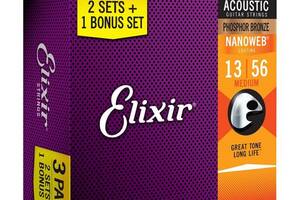 Струны для акустической гитары Elixir 3 Pack 16546 Nanoweb Phosphor Bronze Medium Acoustic Guitar Strings 13/56