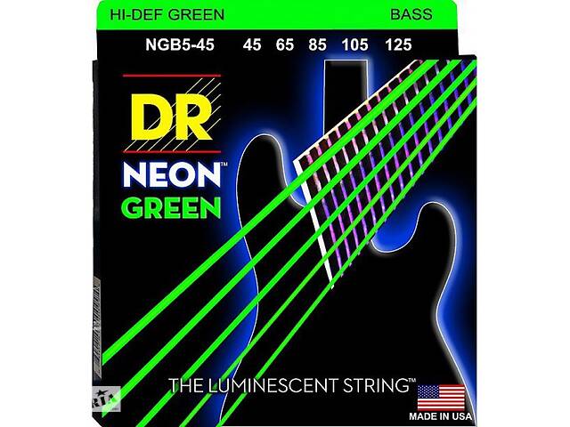 Струны для бас-гитары DR NGB5-45 Hi-Def Neon Green K3 Coated Medium Bass Guitar 5 Strings 45/125