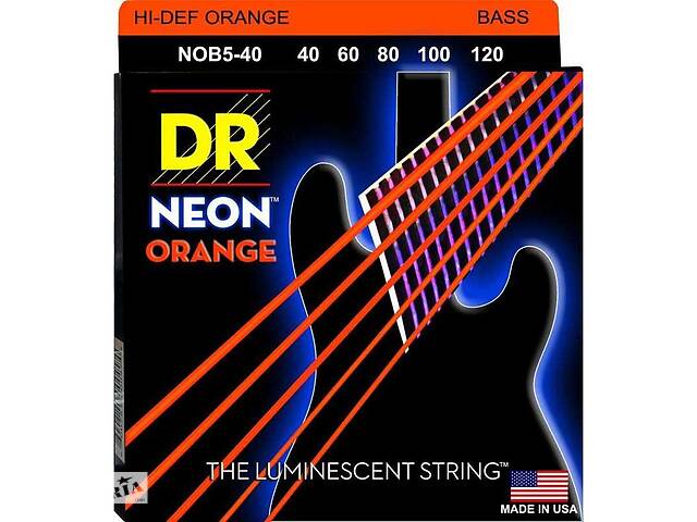 Струны для бас-гитары DR NOB5-40 Hi-Def Neon Orange K3 Coated Light Bass Guitar 5 Strings 40/120