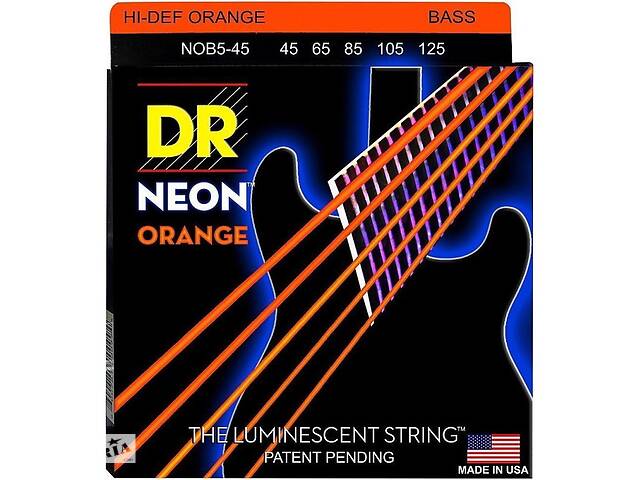 Струны для бас-гитары DR NOB5-45 Hi-Def Neon Orange K3 Coated Medium Bass 5 Strings 45/125